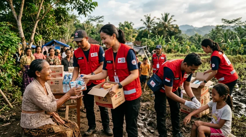 Red-vested KSR volunteers working together during a disaster response operation in Indonesia, illustrating the korps sukarela volunteer corps mission and structure