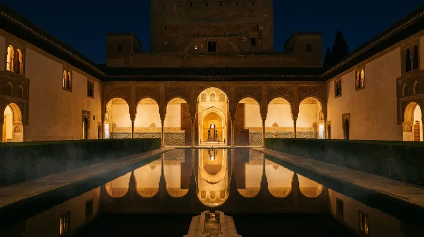 Illuminated arches of the Nasrid Palaces at the Alhambra Palace night tour in Granada Spain showing intricate Islamic plasterwork under evening light