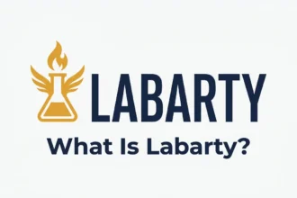 Minimalist illustration of the word labarty blending a lab beaker and open wings, representing creative freedom and personal identity.
