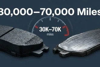 Illustration of worn and new brake pads side by side with a mileage gauge showing 30,000 to 70,000 miles for a guide on how many miles do brakes last
