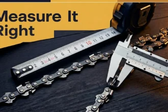 Diagram showing how to measure a chainsaw chain pitch, gauge and drive links for a guide on how do you measure a chainsaw