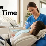 Illustration of a dental hygienist cleaning a patient's teeth showing appointment time for a guide on how long does a dentist cleaning take