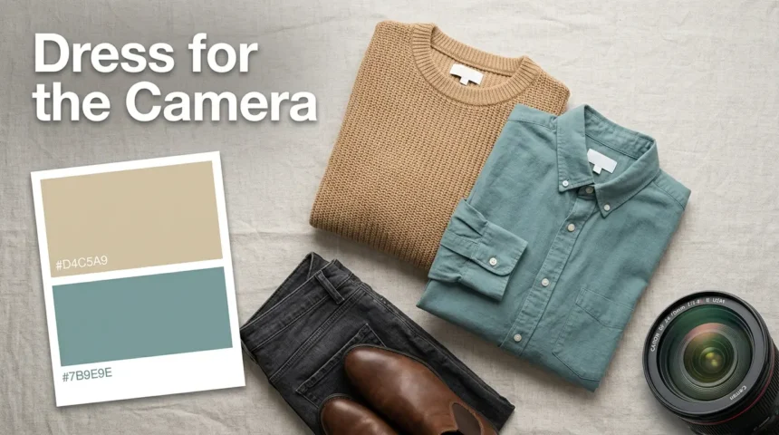 Flat lay of photoshoot outfit options with neutral tones and accessories for a guide on how to pick outfits for photoshoots