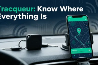 Illustration of a tracqueur smart GPS tracking device showing real-time location on a smartphone app for a guide on tracqueur meaning and uses